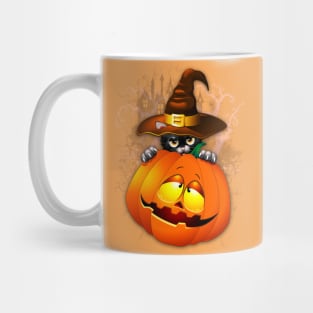 Halloween Kitty Cat with Witch Hat and a Halloween Pumpkin Mug